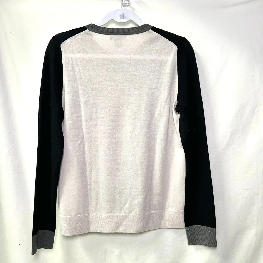 Lord & Taylor 100% Merino Wool Black White Colorblock Sweater Medium